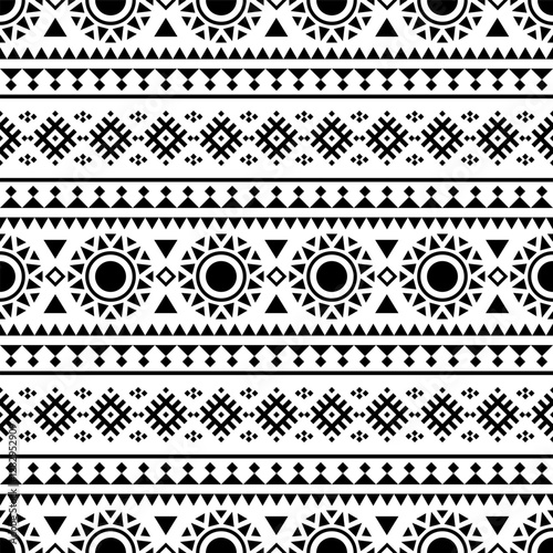 Aztec-inspired seamless pattern with bold geometric squares. Black and white tribal motif, perfect for textile prints, backgrounds, and graphic design projects