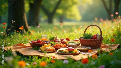 A delightful outdoor repast featuring assorted fruits, vegetables, and delectable dishes arranged on a rustic blanket amidst a vibrant meadow