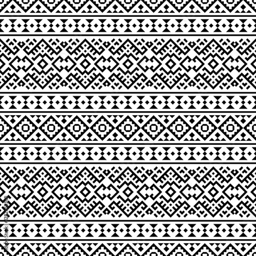 A seamless black and white horizontal geometric pattern inspired by Aztec and Inca art. Bold, symmetrical, and versatile for textiles, wallpapers, and digital backgrounds.