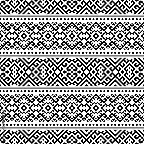 A seamless black and white horizontal geometric pattern inspired by Aztec and Inca art. Bold, symmetrical, and versatile for textiles, wallpapers, and digital backgrounds.