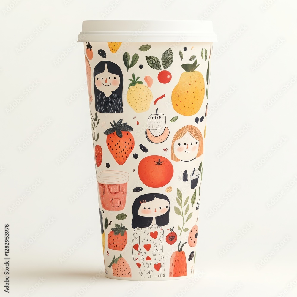 Fototapeta premium Whimsical Fruit and Girl Illustration on a Disposable Coffee Cup