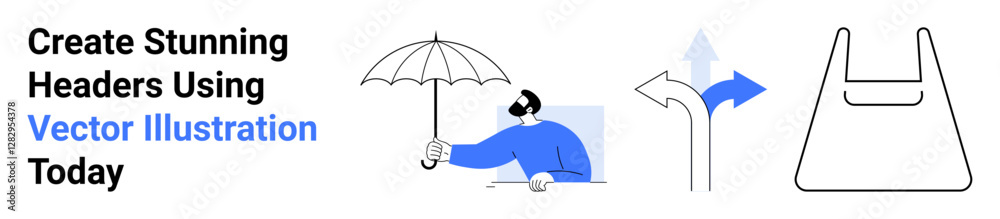 Person wearing blue holding umbrella, directional arrows symbolizing choices, minimalist shopping bag. Ideal for navigation, consumer behavior, e-commerce, decision-making, weather, sustainability Person wearing blue holding umbrella, directional arrows symbolizing choices, minimalist shopping bag. Ideal for navigation, consumer behavior, e-commerce, decision-making, weather, sustainability