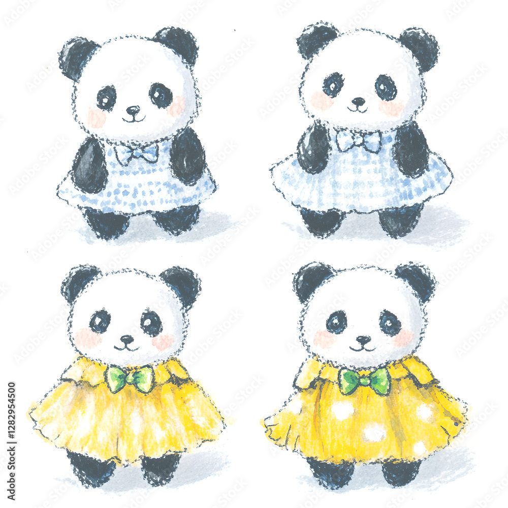 Cute Panda Bears in Dresses, Light Blue and Yellow Cute Panda Bears in Dresses, Light Blue and Yellow