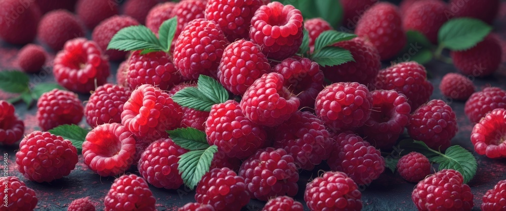 Fresh ripe red raspberries with green leaves on dark textured surface background Fresh ripe red raspberries with green leaves on dark textured surface background