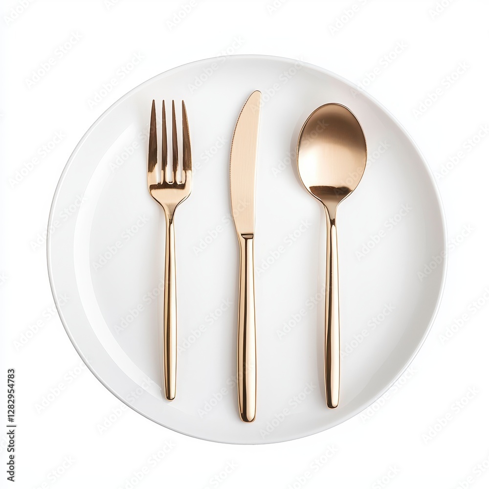 Elegant Gold Flatware Arrangement on a White Plate for Fine Dining Experience and Table Setting Elegant Gold Flatware Arrangement on a White Plate for Fine Dining Experience and Table Setting