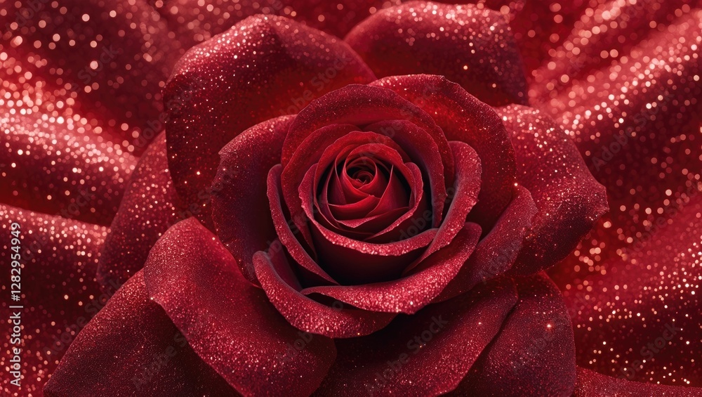 Red rose with sparkling glitter background detailed close-up shot depicting vivid color and intricate petal structure Red rose with sparkling glitter background detailed close-up shot depicting vivid color and intricate petal structure