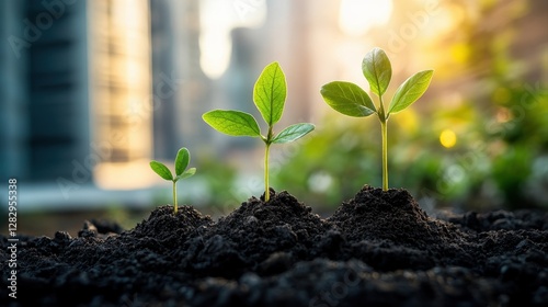 Vibrant green plant growing strongly in the earth surrounded by soil, roots, and natural elements in a natural setting