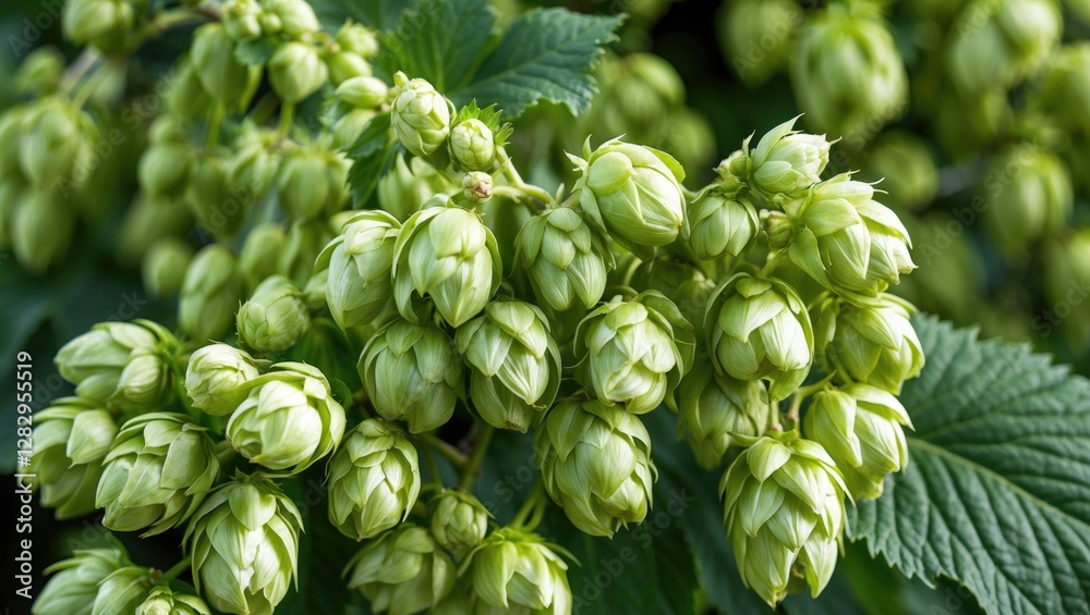 Close-up of fresh green hop cones on vines with lush foliage for brewing beer and agriculture themes Close-up of fresh green hop cones on vines with lush foliage for brewing beer and agriculture themes