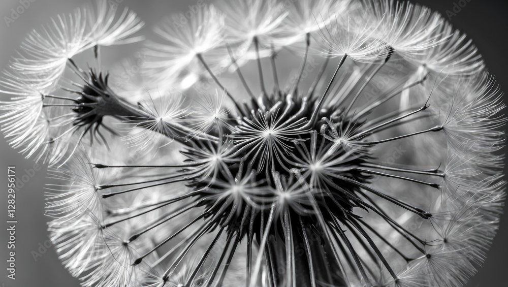 Obraz premium Close-up of a dandelion seed head in black and white highlighting fine details of seeds against a blurred background