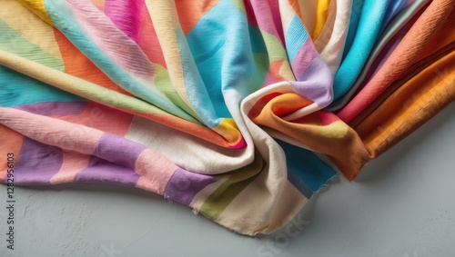 Colorful striped fabric draped on textured surface with soft folds and vibrant hues of blue, pink, yellow, green, and orange photo