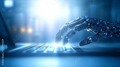 A robotic hand typing on a futuristic laptop representing artificial intelligence automation and digital transformation perfect for cybersecurity innovation and modern business technology