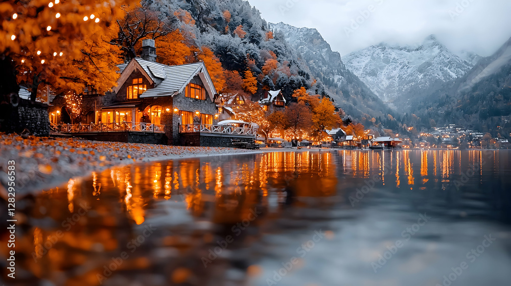 Fototapeta premium Lakeside autumn village, mountain backdrop, evening lights, calm water, travel