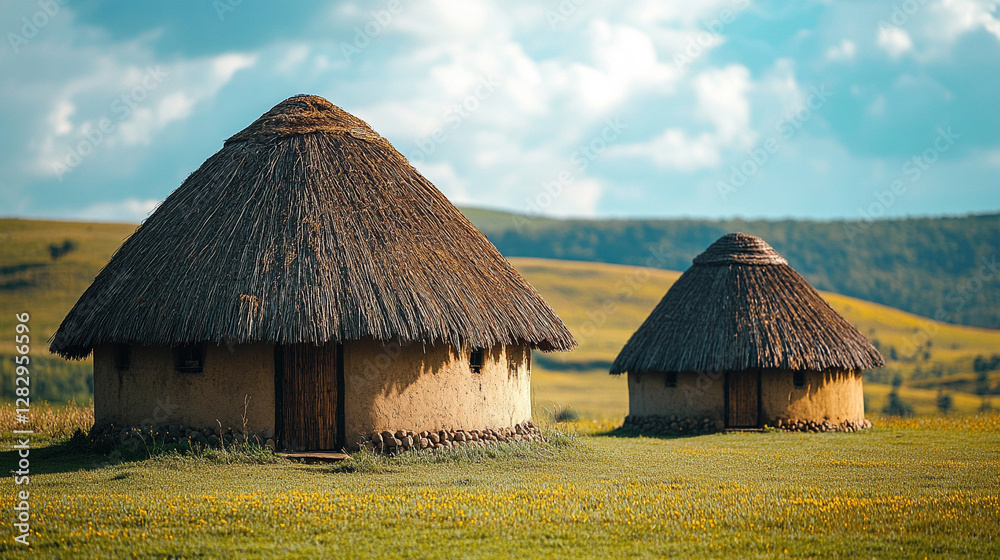 A traditional African village scene with round huts featuring thatched roofs and eco-friendly mud-colored walls. Set on a sunny day with a partly cloudy sky, showcasing indigenous rural architecture A traditional African village scene with round huts featuring thatched roofs and eco-friendly mud-colored walls. Set on a sunny day with a partly cloudy sky, showcasing indigenous rural architecture
