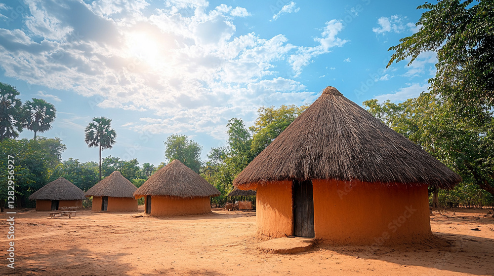 A traditional African village scene with round huts featuring thatched roofs and eco-friendly mud-colored walls. Set on a sunny day with a partly cloudy sky, showcasing indigenous rural architecture A traditional African village scene with round huts featuring thatched roofs and eco-friendly mud-colored walls. Set on a sunny day with a partly cloudy sky, showcasing indigenous rural architecture