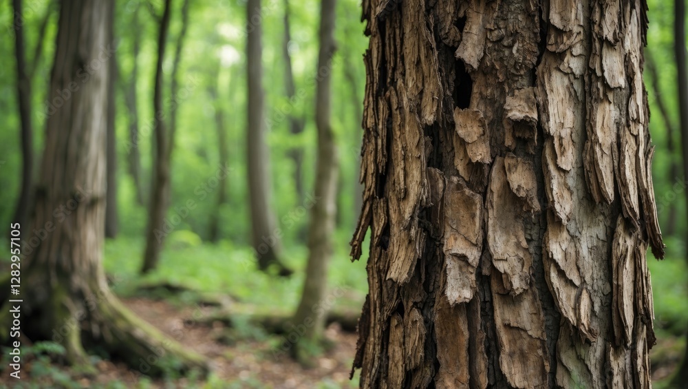 Close-up of textured tree bark in lush green forest with blurred background showcasing tall trees and foliage Close-up of textured tree bark in lush green forest with blurred background showcasing tall trees and foliage