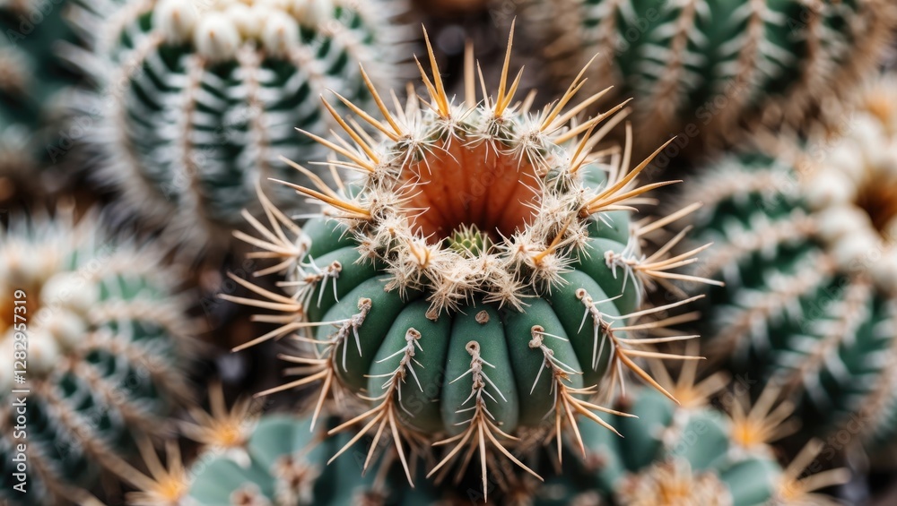 Close-up of a spiny cactus with vibrant green skin and a hollow center surrounded by sharp spines in a desert environment Close-up of a spiny cactus with vibrant green skin and a hollow center surrounded by sharp spines in a desert environment