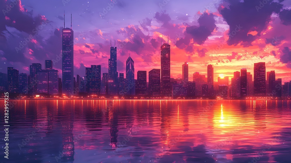 Fototapeta premium Anime-style depiction of the Chicago skyline at dusk, skyscrapers glowing with warm lights, vibrant hues of orange and purple in the sky, serene reflections on the calm waters of Lake Michigan,