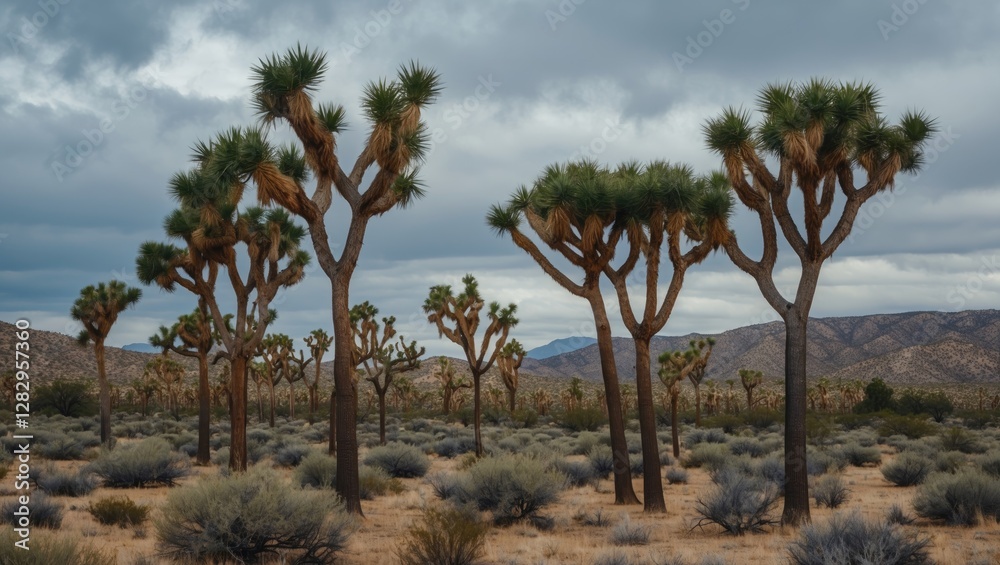 Joshua trees in a desert landscape under cloudy sky with mountain range in the background and low vegetation in the foreground Joshua trees in a desert landscape under cloudy sky with mountain range in the background and low vegetation in the foreground