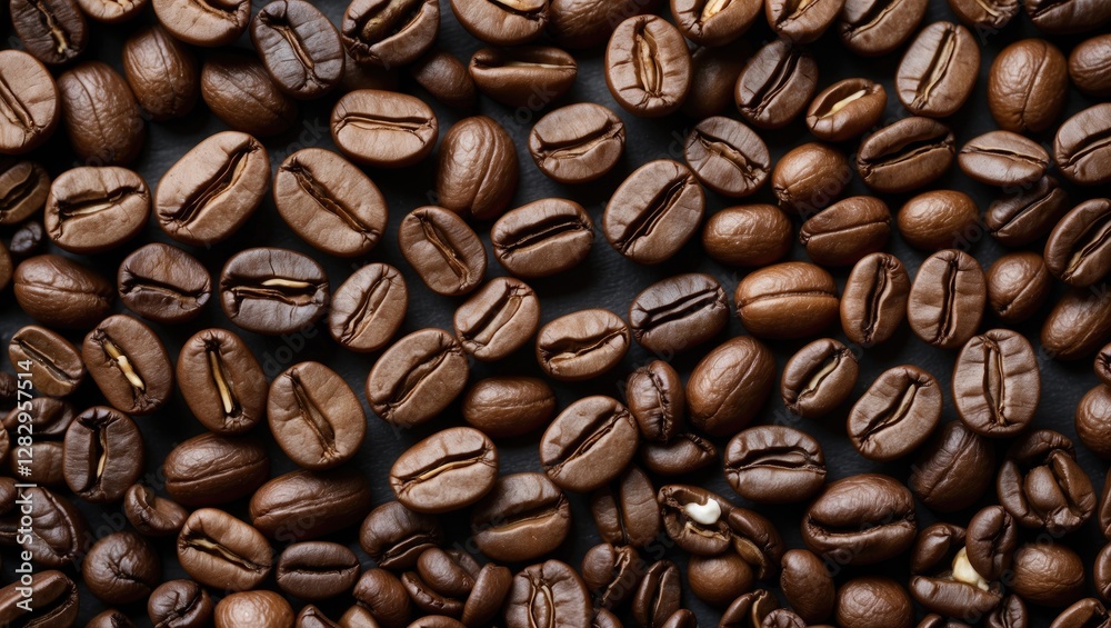 Fototapeta premium Coffee beans spread out on a dark surface showing various shapes and textures of roasted coffee.