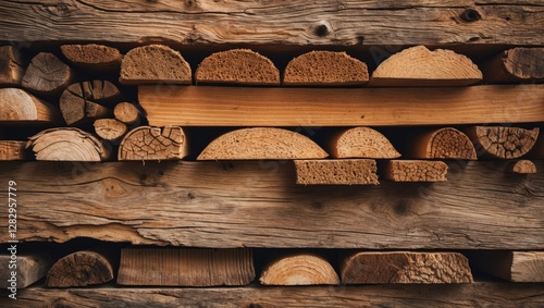 Wood pile composed of various cut logs and planks arranged horizontally on a rustic wooden surface photo