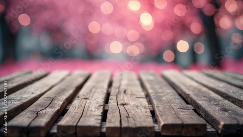 Wooden tabletop with blurred pink flower bokeh background in soft focus creating a dreamy atmosphere and natural setting