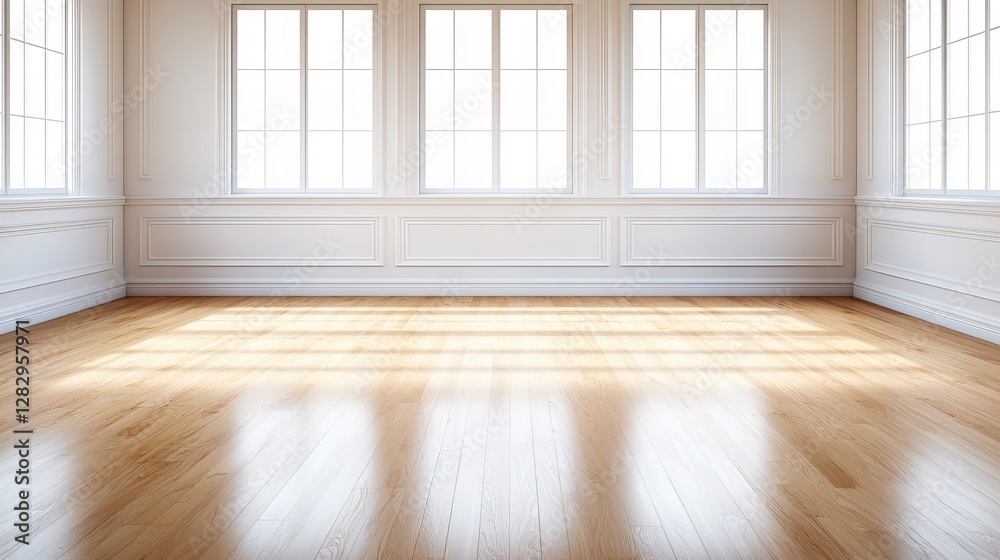 Fototapeta premium Sunlight streaming into elegant empty room with large windows and hardwood floor