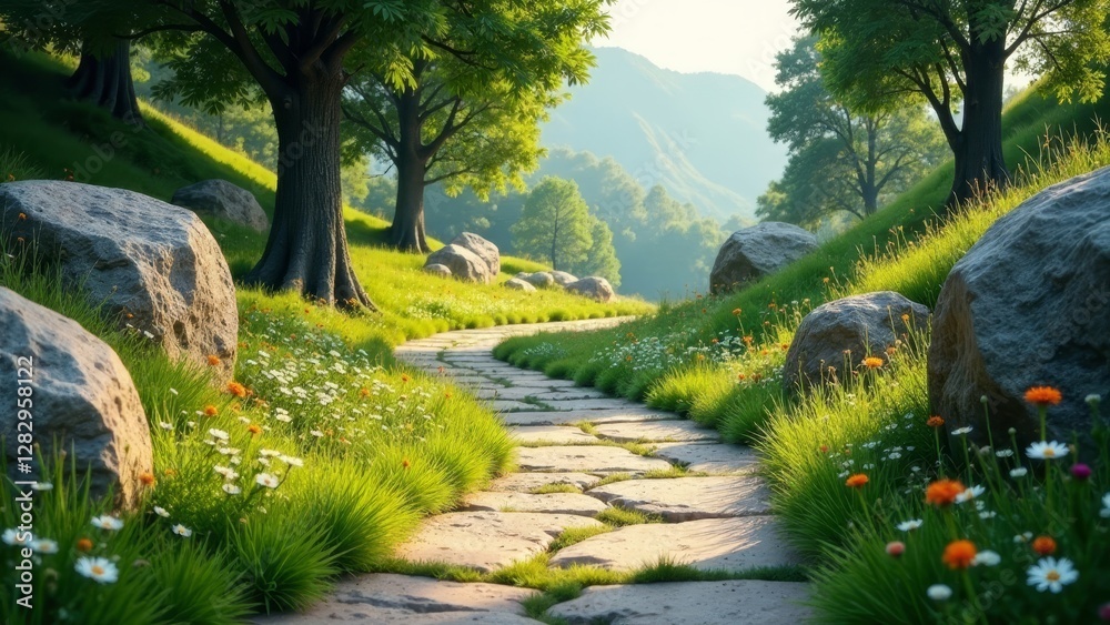 Obraz premium Serene Stone Path Winding Through a Lush Meadow Landscape, Bathed in Sunlight, with Rolling Hills in the Background