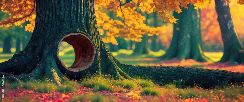 Obraz premium Autumn landscape with large tree trunk featuring a circular hole surrounded by colorful foliage and fallen leaves on the ground