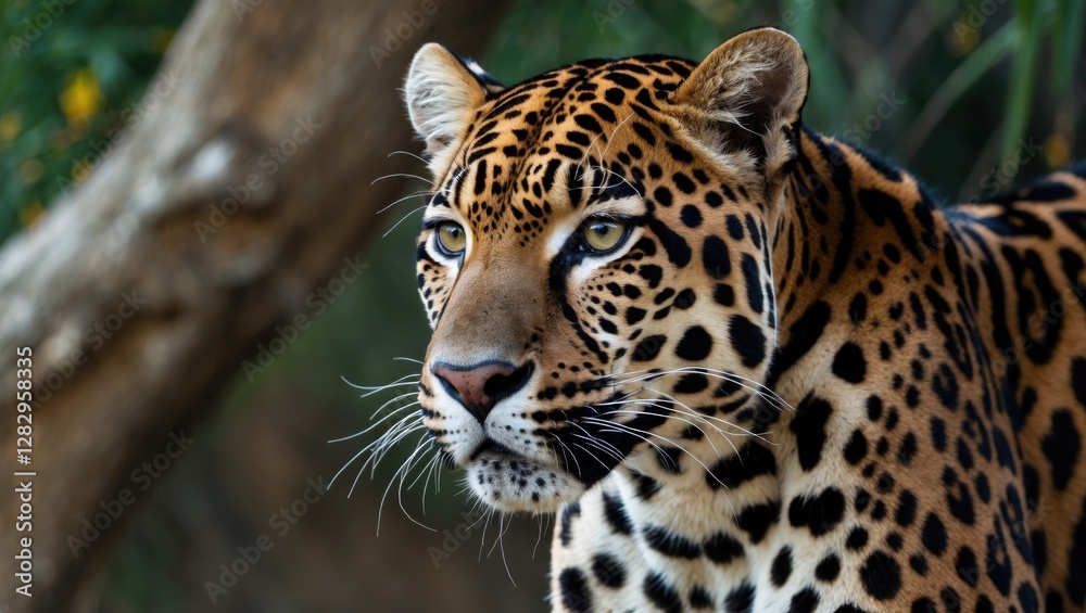 Close-up portrait of a jaguar with distinctive black and yellow coat and intense gaze, surrounded by natural greenery in the background Close-up portrait of a jaguar with distinctive black and yellow coat and intense gaze, surrounded by natural greenery in the background