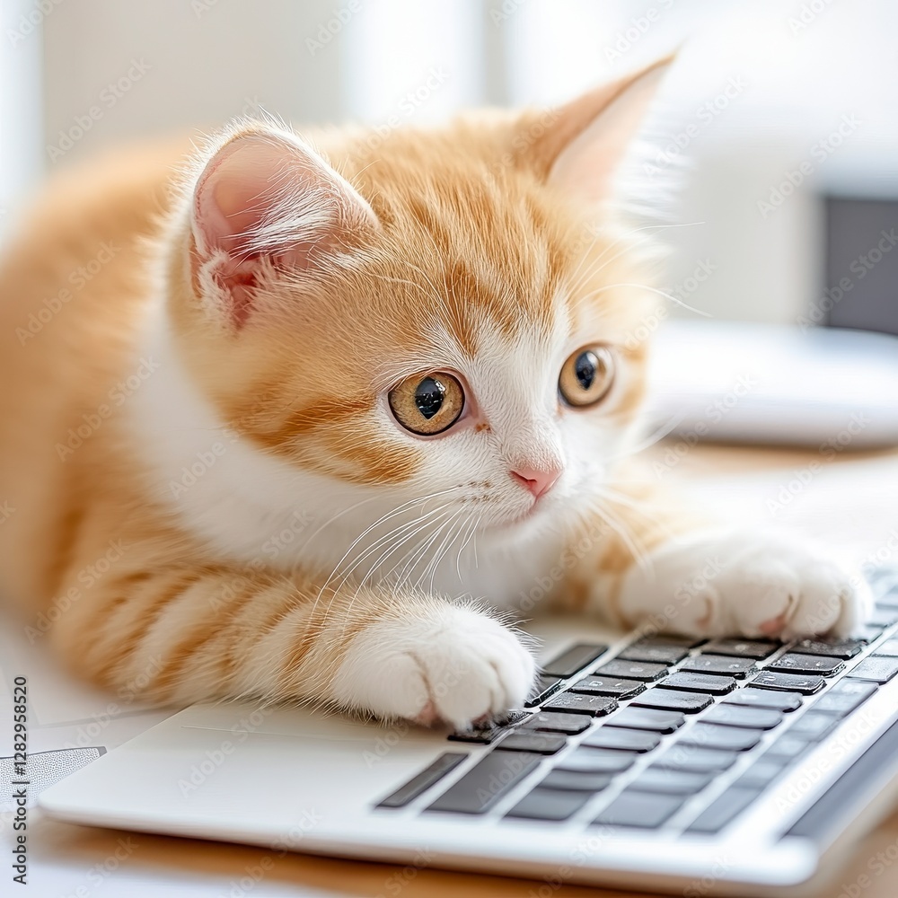Orange and White Tabby Kitten Typing on Computer Keyboard Creating Digital Content Online Now Orange and White Tabby Kitten Typing on Computer Keyboard Creating Digital Content Online Now
