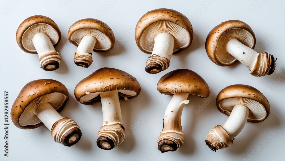 Assorted fresh brown mushrooms of various sizes arranged on a white background. Assorted fresh brown mushrooms of various sizes arranged on a white background.