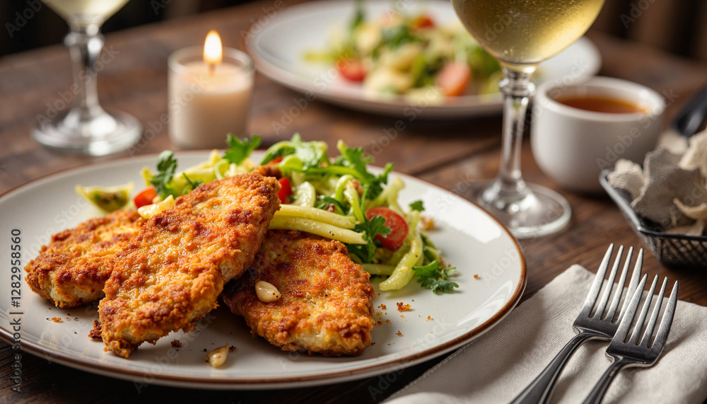 Delicious fried chicken with salad on rustic wooden table Delicious fried chicken with salad on rustic wooden table