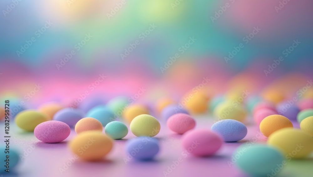 Colorful pastel eggs scattered on a soft surface with a blurred vibrant background for seasonal celebrations and decorations. Colorful pastel eggs scattered on a soft surface with a blurred vibrant background for seasonal celebrations and decorations.