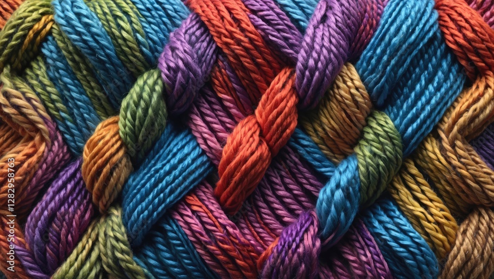 Colorful braided yarn texture with intricate patterns in shades of blue, green, orange, purple, and red. Colorful braided yarn texture with intricate patterns in shades of blue, green, orange, purple, and red.