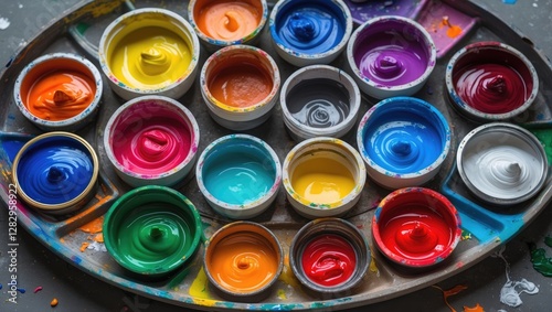 Colorful paint palette with circular containers of various vibrant paints arranged in a tray on a messy artist workspace. photo