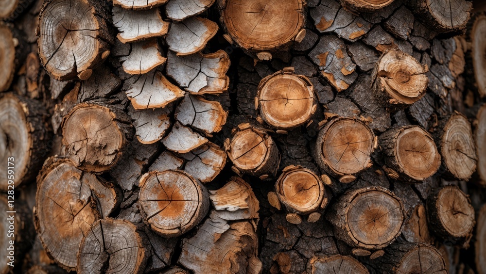 Close-up texture of tree bark with cross-sections of cut wood revealing tree rings and natural patterns in earthy tones Close-up texture of tree bark with cross-sections of cut wood revealing tree rings and natural patterns in earthy tones