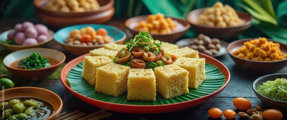 Assorted traditional sweets and snacks served on a wooden table with green leaves and decorative bowls during a festive celebration Assorted traditional sweets and snacks served on a wooden table with green leaves and decorative bowls during a festive celebration