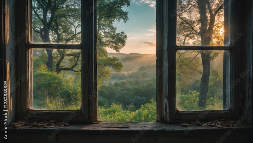 View through an old wooden window frame overlooking a misty forest landscape during sunrise with lush greenery and soft sunlight. View through an old wooden window frame overlooking a misty forest landscape during sunrise with lush greenery and soft sunlight.