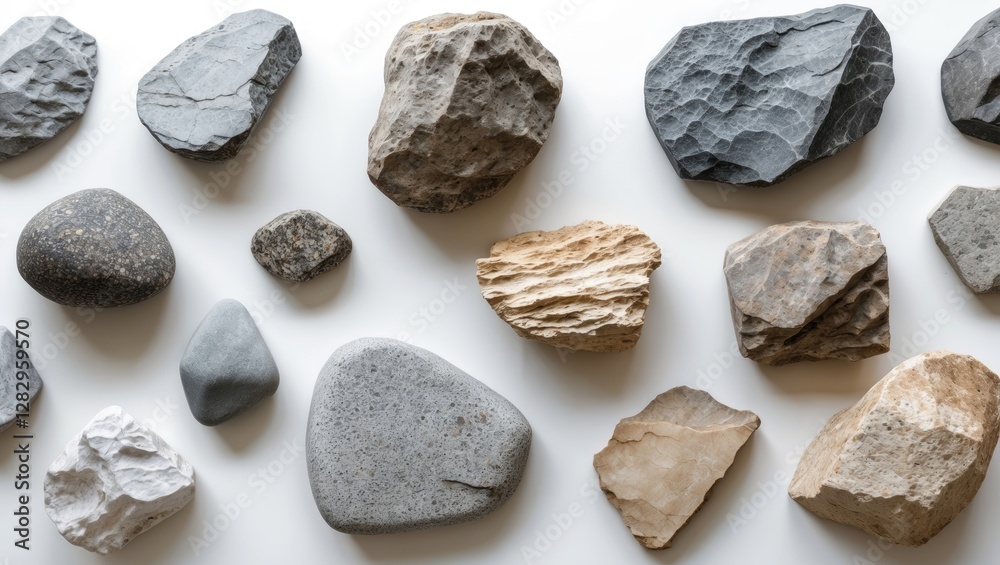 Variety of natural stones and pebbles arranged on a white surface showcasing different textures and colors Variety of natural stones and pebbles arranged on a white surface showcasing different textures and colors