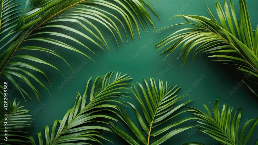 Fototapeta premium Tropical green palm leaves arranged on a textured green background for botanical or nature-themed design use