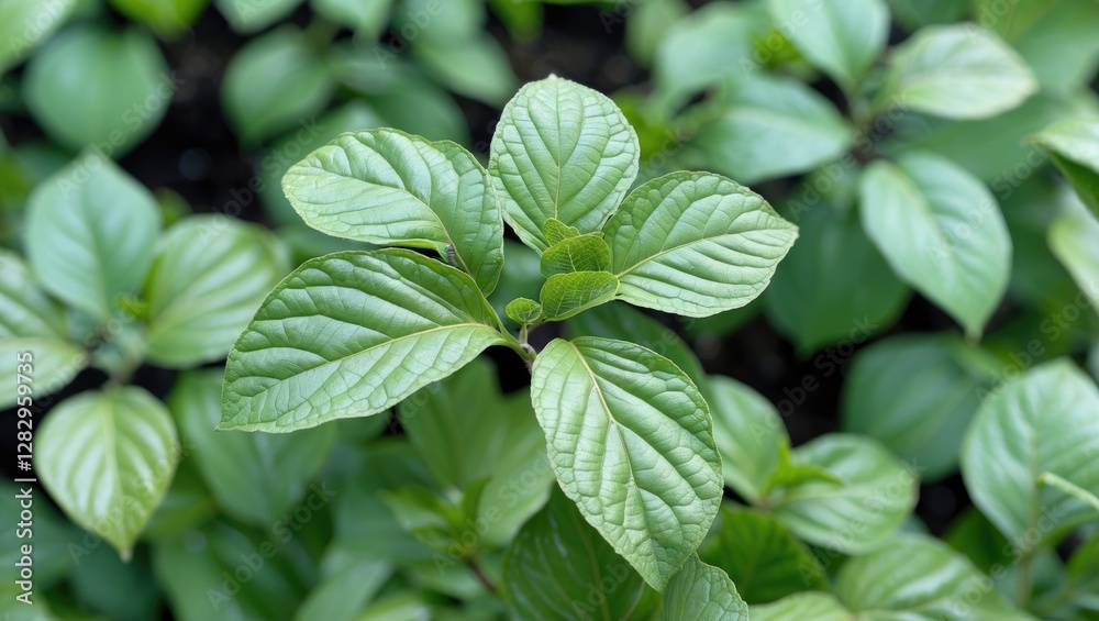 Green leaves of a plant with textured surfaces arranged in a natural outdoor setting on a blurred background Green leaves of a plant with textured surfaces arranged in a natural outdoor setting on a blurred background