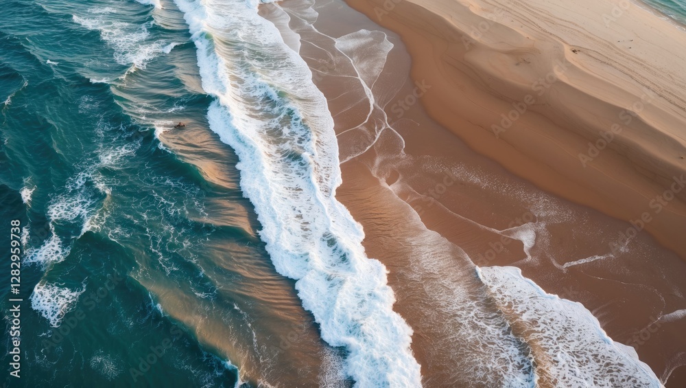Aerial view of ocean waves crashing onto sandy beach under natural light with clear blue water and gentle shoreline contours Aerial view of ocean waves crashing onto sandy beach under natural light with clear blue water and gentle shoreline contours