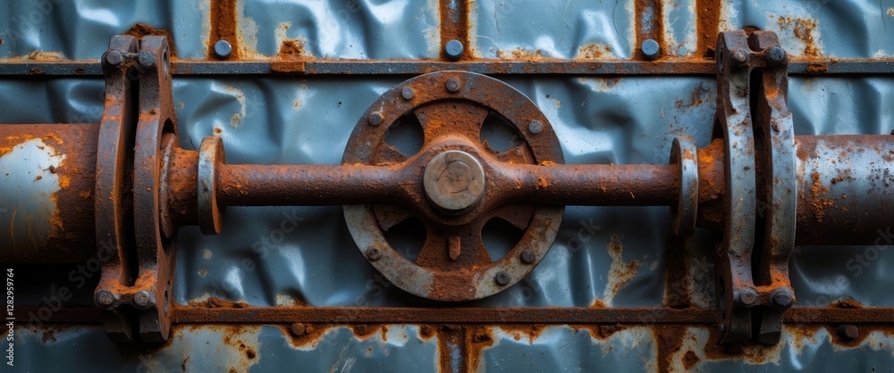 Rusty industrial machinery part with weathered texture on blue metal surface. Close-up of wheel and pipes exhibiting corrosion and wear. Rusty industrial machinery part with weathered texture on blue metal surface. Close-up of wheel and pipes exhibiting corrosion and wear.