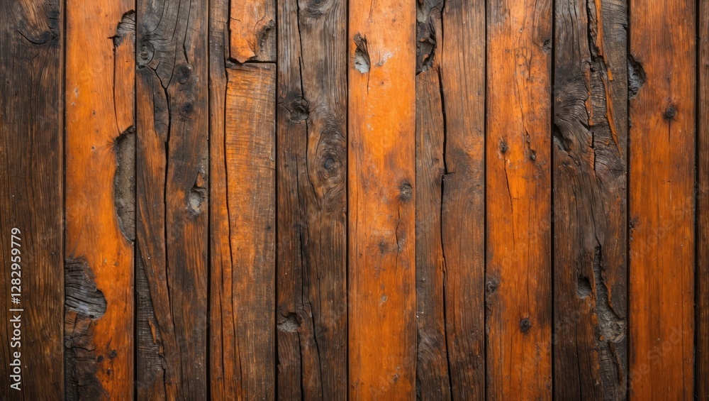 Textured wooden planks with a mix of dark and orange tones showing natural grain patterns and weathered details Textured wooden planks with a mix of dark and orange tones showing natural grain patterns and weathered details