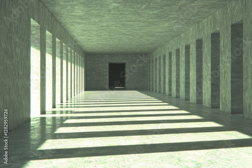 long, empty corridor with tall columns and dark doorway at end, bathed in sunlight casting shadows. minimalist architecture creates sense of solitude and tranquility