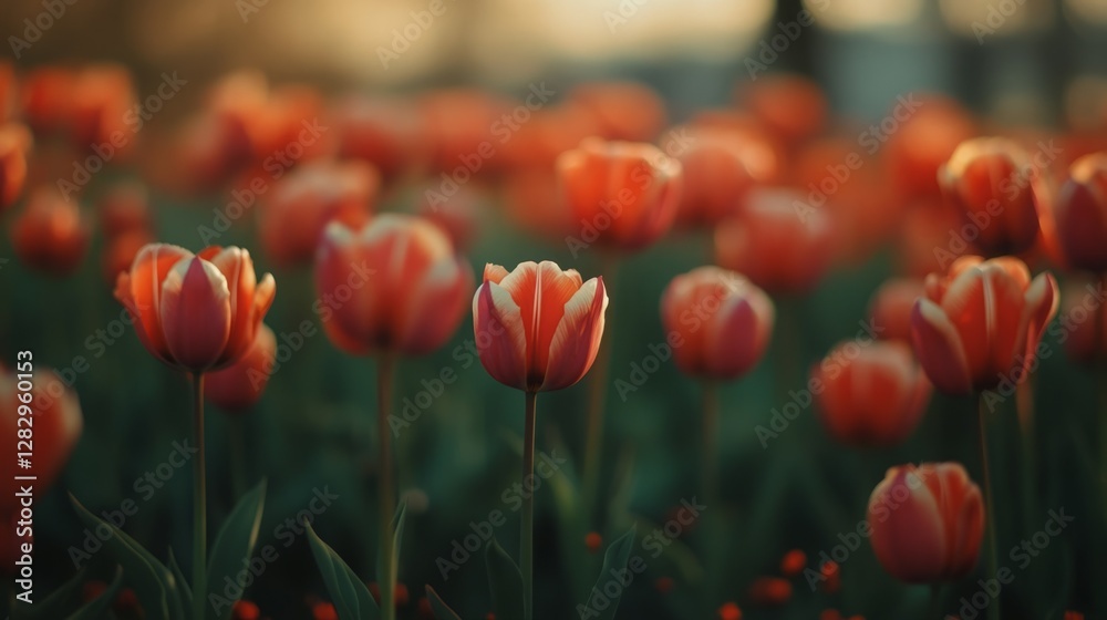 Close-up of a field of orange and pink tulips at sunset. The warm light casts a soft glow on the petals, creating a serene and romantic atmosphere. Close-up of a field of orange and pink tulips at sunset. The warm light casts a soft glow on the petals, creating a serene and romantic atmosphere.
