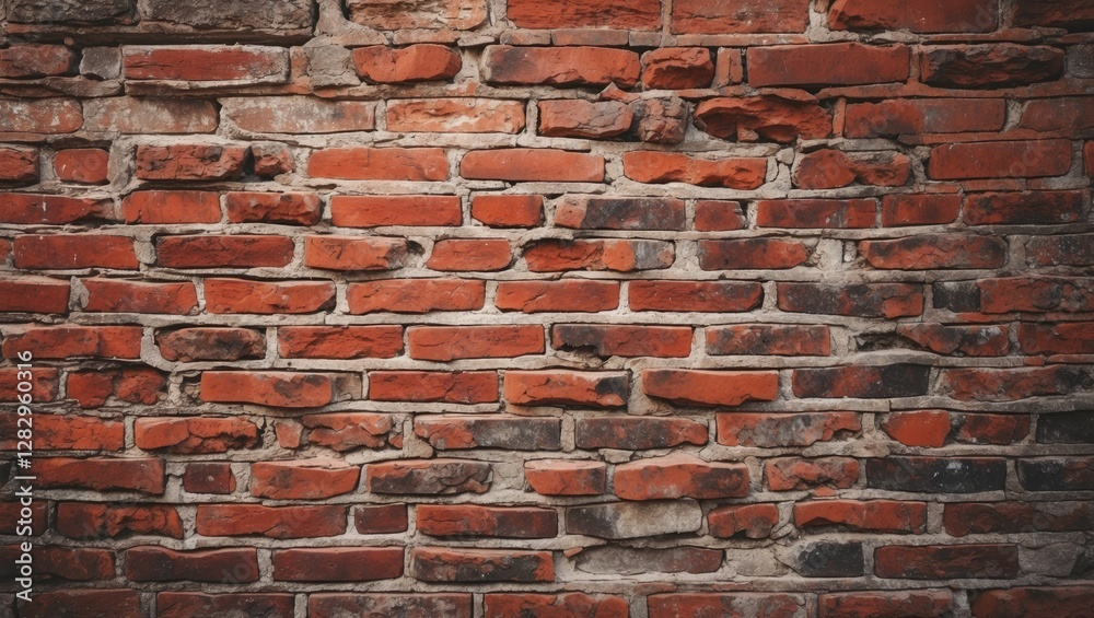 Obraz premium Red brick wall texture with uneven surface and various shades of bricks, detailed view of rustic building material