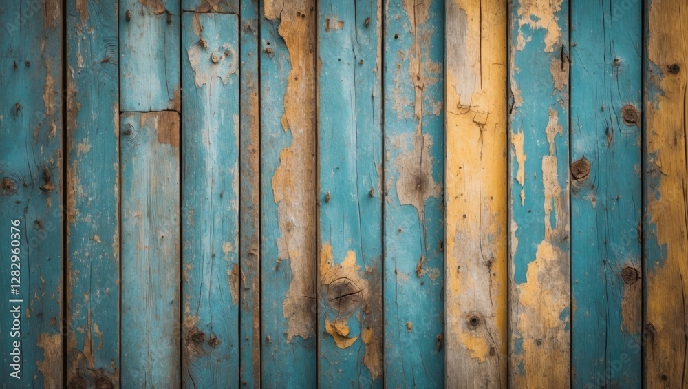 Weathered wooden planks in blue and yellow colors with rustic texture and peeling paint for background or texture use Weathered wooden planks in blue and yellow colors with rustic texture and peeling paint for background or texture use
