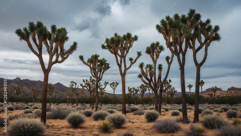 Joshua trees in arid desert landscape under cloudy sky with rocky mountains in the background and sparse vegetation in the foreground Joshua trees in arid desert landscape under cloudy sky with rocky mountains in the background and sparse vegetation in the foreground