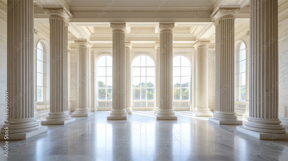Obraz premium A legislative hall with marble columns and expansive windows. Featuring grandeur and light